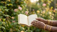 Woman with brown skin holding open blank book outdoors in garden with blooming flowers and green foliage, reading or writing activity in natural sunlight.