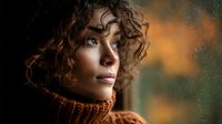 Young woman with curly hair looking through rainy window with warm autumn lights creating cozy atmospheric mood for seasonal lifestyle content.