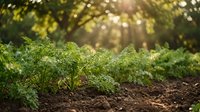 Young green plants growing in rich soil with warm sunlight filtering through trees in background, perfect for gardening and agriculture concepts.