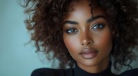 Young African American woman with natural curly hair and striking blue eyes against turquoise background, showcasing modern beauty and natural makeup look.