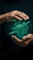 Senior businessman hands protecting glowing green digital gears and cogs representing technology innovation, automation, and industrial processes.