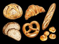 Assorted fresh baked bread collection isolated on transparent background. Includes artisan loaf, croissant, baguette, sliced bread, pretzel and rolls. Ready for bakery designs, menus, t-shirts and print-on-demand products.