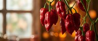 Dried red chili peppers hanging in warm kitchen light with blurred window background creating cozy culinary atmosphere for cooking and spice themes.
