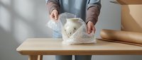 Person wrapping a ceramic vase in bubble wrap on a wooden table, preparing fragile item for safe moving or shipping with cardboard box nearby.