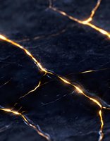 Glowing golden cracks on dark marble surface create dramatic contrast and abstract pattern, highlighting natural stone texture with luminous veining effect.