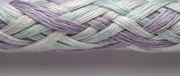 Colorful braided rope with purple and green threads woven together in intricate pattern for crafting and decorative projects.