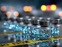 Medical vial with blue liquid on measuring tape against blurred laboratory background with colorful bokeh lights.