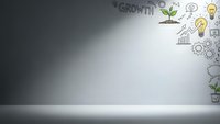 Business growth concept with hand-drawn icons including plant, lightbulbs, charts and gears on gradient background for presentations and marketing.