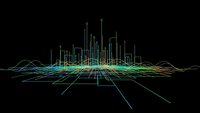 Digital city skyline with glowing neon grid lines and data visualization elements on black background for technology and futuristic design projects.