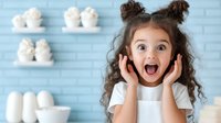 Young Hispanic girl with curly hair expressing surprise and joy against blue wall with decorative clouds, wearing white dress for childhood lifestyle concepts.