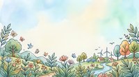 Watercolor nature landscape with flowers, butterflies, trees, river, wind turbines and solar panels, soft pastel background with copy space.