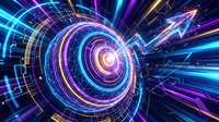 Futuristic digital spiral tunnel with neon light trails and geometric patterns creating dynamic motion effect for technology and sci-fi design projects.