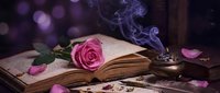 Vintage open book with pink rose, smoking incense burner, and scattered petals on wooden surface with bokeh background.