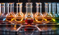 Laboratory glassware with colorful liquids arranged in row, dramatic lighting creates reflections on dark surface. Scientific research concept.
