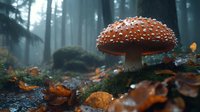 Red spotted mushroom amanita muscaria growing in misty autumn forest among fallen leaves and moss, magical woodland scene in foggy morning light.