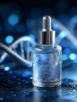 Glass dropper bottle with blue glowing serum against futuristic circuit background, DNA helix structure floating in space, modern biotechnology concept.