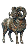 Ornate ram with intricate Celtic and tribal patterns covering its body, featuring curved horns and decorative geometric designs in earthy tones, isolated on white background for design use.