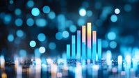Glowing financial chart bars rising against blurred blue bokeh city lights background, depicting market growth and digital transformation in business analytics.