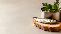 Grilled fish fillet on toasted bread slice with fresh herbs in pot on neutral background, suitable for food blogs, recipes, cooking websites.