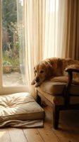 Golden retriever dog resting on wooden chair by sunny window with natural light streaming through curtains in cozy home interior for pet lifestyle content.