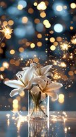 White lilies in glass vase against dark background with sparklers and bokeh lights creating magical festive atmosphere. Elegant floral composition for celebrations.