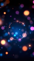 Glowing neon circle frame with colorful bokeh lights on dark background, abstract magical atmosphere with blurred particles and luminous effects.
