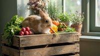 Adorable brown rabbit sitting in wooden crate filled with fresh organic vegetables and herbs on kitchen windowsill for healthy cooking and gardening.