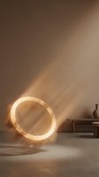 Warm glowing circular neon light fixture on concrete floor casting soft shadows in minimalist interior space, suitable for modern home decor and design projects.