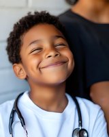 Young African American child wearing stethoscope and white t-shirt smiling with eyes closed, expressing joy and aspirations for future medical career.