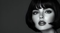 Dramatic black and white portrait of young woman with short dark bob haircut, full lips, smokey eye makeup and defined features against dark background.