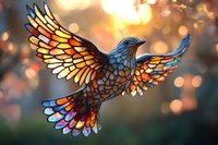 Stained glass style bird in flight with spread wings against blurred bokeh background, combining blue and golden colors in mosaic pattern design.