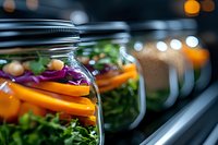 Colorful meal prep jars with fresh vegetables and greens lined up in modern kitchen for healthy eating and nutrition planning.