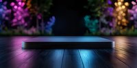 Empty wooden stage platform with colorful neon lighting effects, dark atmospheric background with purple and blue glowing lights creating dramatic mood.