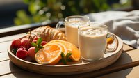 Cozy morning breakfast setting with fresh fruits, croissant and two glass mugs of hot latte on wooden tray. Natural sunlight creates warm atmosphere.