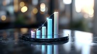 Growing blue glowing bar chart with upward trend on dark platform, financial success concept visualization with bokeh background and reflective surface.