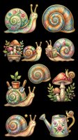 Colorful snail clipart set with mushrooms, books, and garden tools, isolated on transparent background. Great for stickers, t-shirt design, and print on demand.
