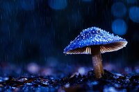 Glowing blue mushroom in dark forest during rain with magical bokeh lights and water drops, creating mystical woodland atmosphere at night.