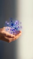 Hand holding glowing blue and purple geometric crystals floating above palm against neutral background. Use for technology, innovation, data science, digital transformation, and business concepts.