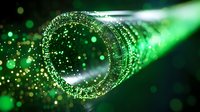 Glowing green fiber optic cable with sparkles and bokeh effects on dark background, digital network and internet technology concept for telecommunications.
