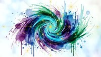 Abstract watercolor spiral vortex with vibrant blue, purple and green paint splatters and drips on white background for modern art and design projects.