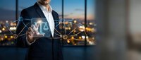 Professional businessman touching digital network interface with glowing connections in modern office overlooking city skyline at dusk for technology concepts.