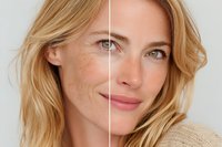 Young blonde woman showing skin transformation from aged to youthful smooth complexion, anti-aging skincare treatment results before after comparison.