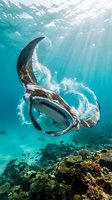 Majestic humpback whale swimming gracefully through crystal clear tropical waters above vibrant coral reef with sunbeams filtering through ocean surface.