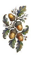 Decorative acorn and oak leaf arrangement with ornamental swirls and gold accents, isolated on white background for design projects, clipart, and textile applications.