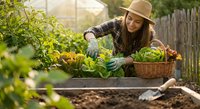 Young woman gardener in hat harvesting fresh vegetables from raised garden bed with wicker basket in sunny backyard organic farm setting.