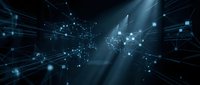 Abstract digital network with glowing nodes and connecting lines in blue tones. Futuristic technology background for presentations and web design.