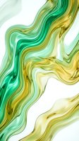 Fluid liquid swirls in emerald green and golden yellow tones flow across white background, creating organic wave patterns suitable for modern design projects and contemporary backgrounds.