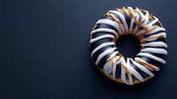 Striped glazed donut with gold metallic drizzle on dark background, modern minimalist food photography for bakery and dessert marketing.