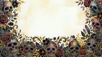 Ornate skulls with burgundy roses and golden foliage frame a cream background, creating a gothic aesthetic suitable for invitations, posters, and decorative designs.