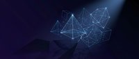 Abstract digital network with glowing blue geometric wireframe polygons and connecting lines on dark gradient background for technology concepts.